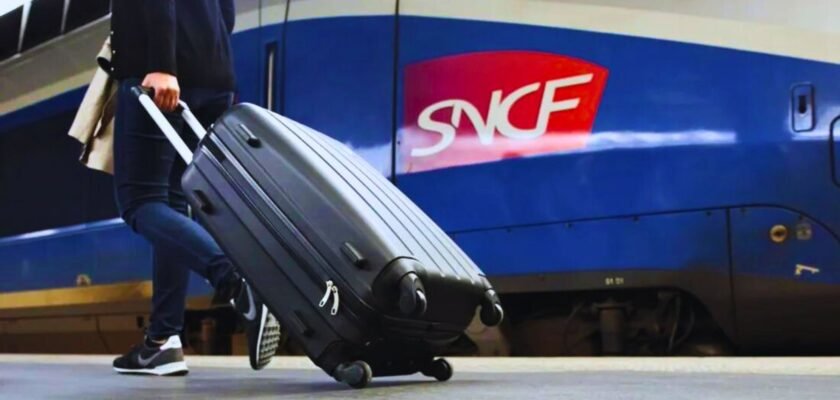 Un voyageur avec une valise devant un train SNCF